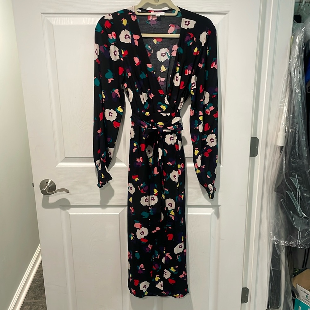 Seraphine black and flowered maternity wrap dress. Wore to weddings and work.